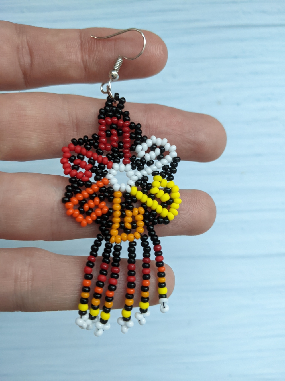 Handmade Multicolor Beaded Flower Dangle Earrings - Picture 4 of 6